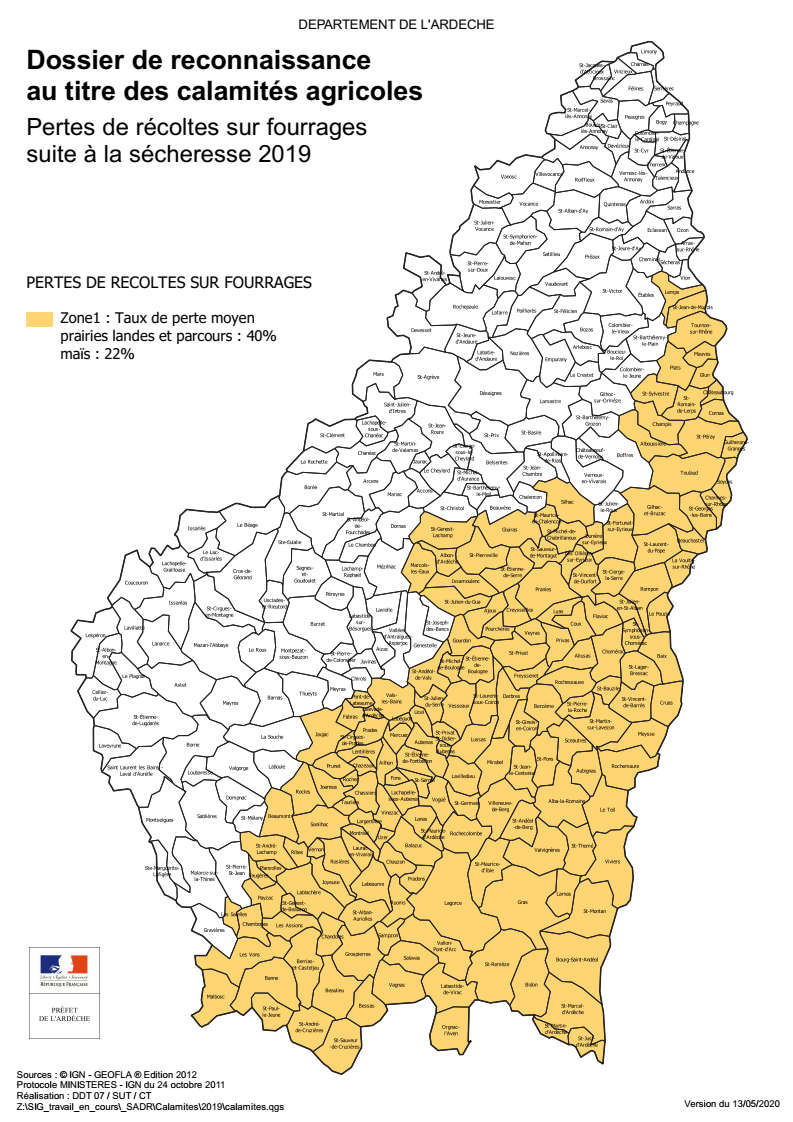 Les communes ardéchoises reconnues au titre de calamités agricoles en 2019