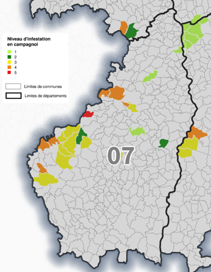 Carte d'infestation du campagnol terrestre en Ardèche