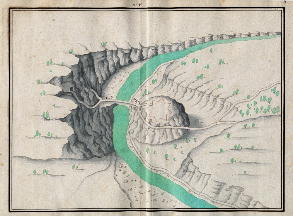 Fin 18e, le Pont d'Arc aurait pu se transformer en Pont routier, comme en témoigne cette gravure. Source : Archives départementales (ref 1J198)